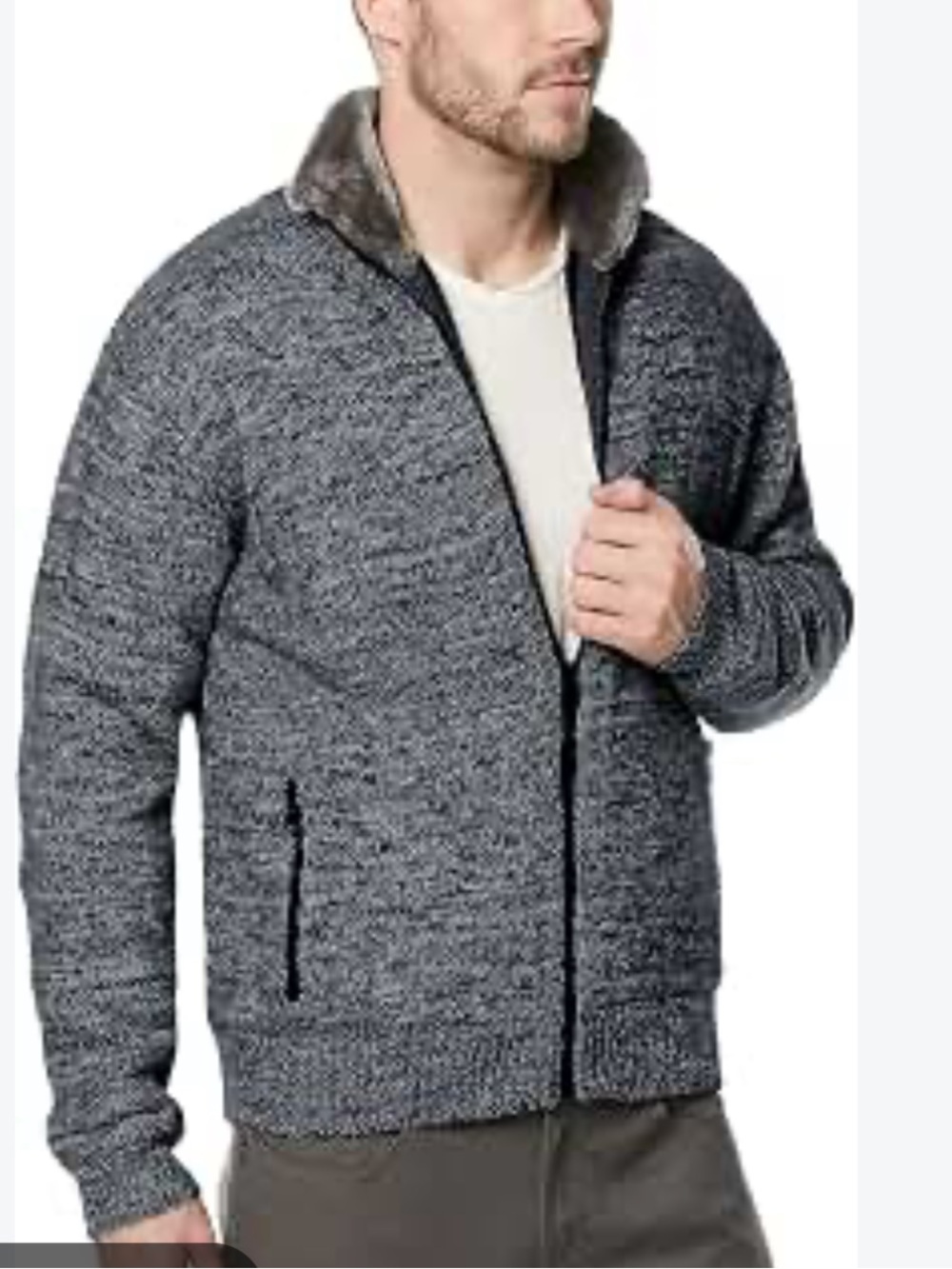 Buffalo David Bitton Men's Marled Gray Zip Sweater with Faux Fur Trim pockets